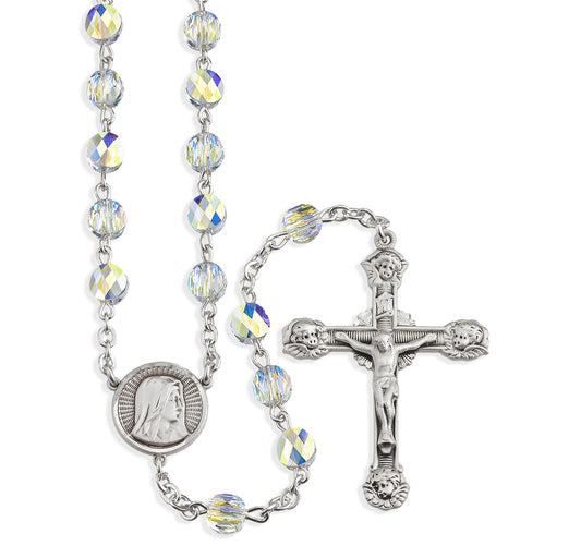 Sterling Silver Rosary handmade with Swarovski Crystal 6mm Aurora Borealis Semi-Flat Oval Beads by HMH