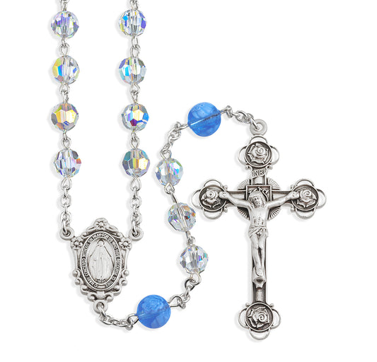 Sterling Silver Rosary handmade with Swarovski Crystal 7mm Aurora Borealis Semi-Flat Oval Beads and Blue Murano Glass Round Beads by HMH