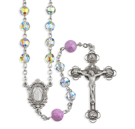 Sterling Silver Rosary handmade with Swarovski Crystal 7mm Aurora Borealis Semi-Flat Oval Beads and Pink Murano Glass Round Beads by HMH