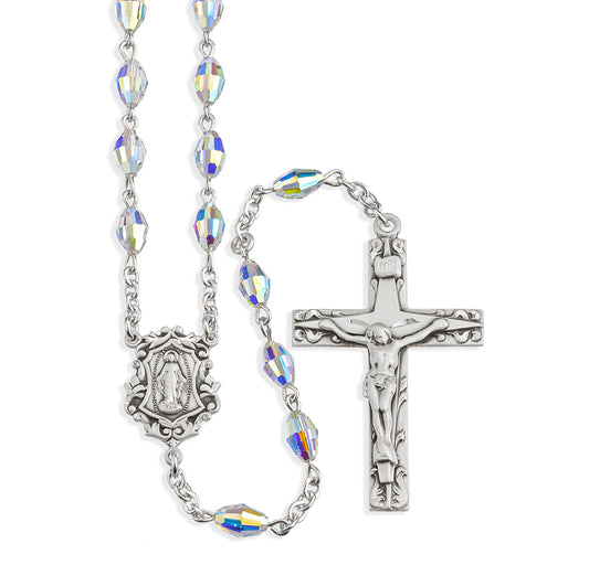 Sterling Silver Rosary handmade with Swarovski Crystal 7.5mm x 5mm Aurora Borealis Beads by HMH