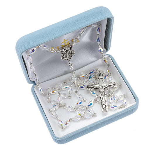 Sterling Silver Rosary handmade with Swarovski Crystal 6mm x 4mm Aurora Borealis Beads by HMH