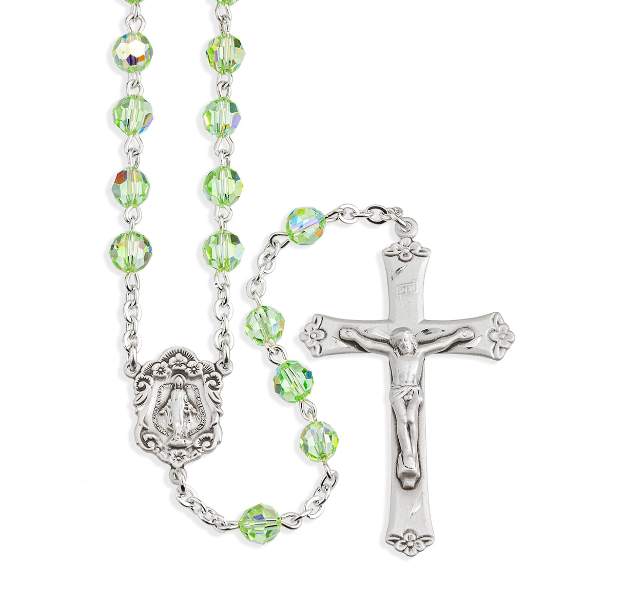 Sterling Silver Rosary Hand Made with Swarovski Crystal 6mm Chrysolite Faceted Round Beads by HMH