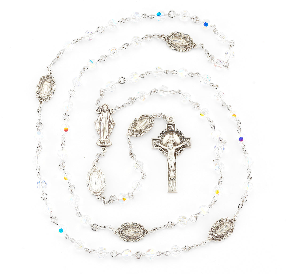 Sterling Silver Rosary Hand Made with Swarovski Crystal 6mm Aurora Borealis Faceted Round Beads by HMH