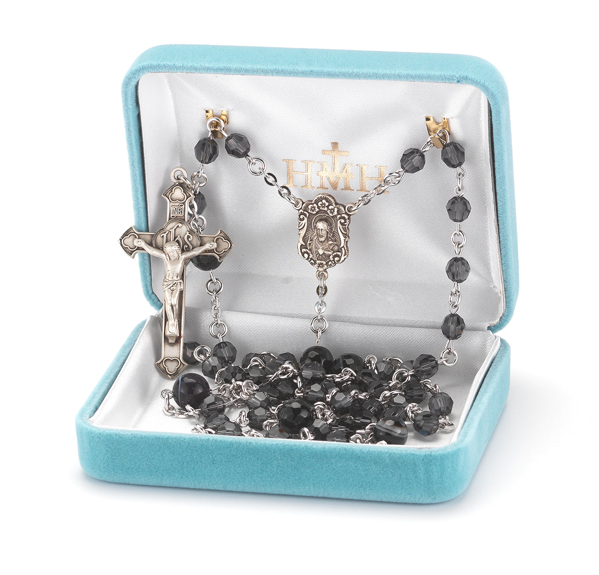 Sterling Silver Rosary Hand Made with Swarovski Crystal 6mm Graphite Faceted Round Beads by HMH