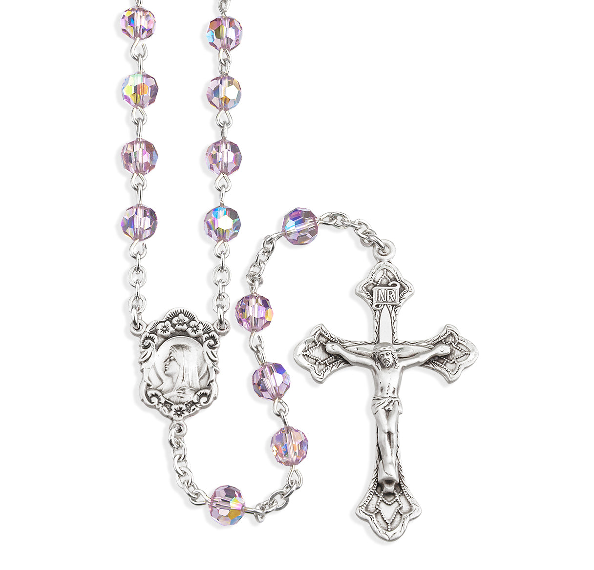 Sterling Silver Rosary Hand Made with Swarovski Crystal 6mm Light Amethyst Faceted Round Beads by HMH