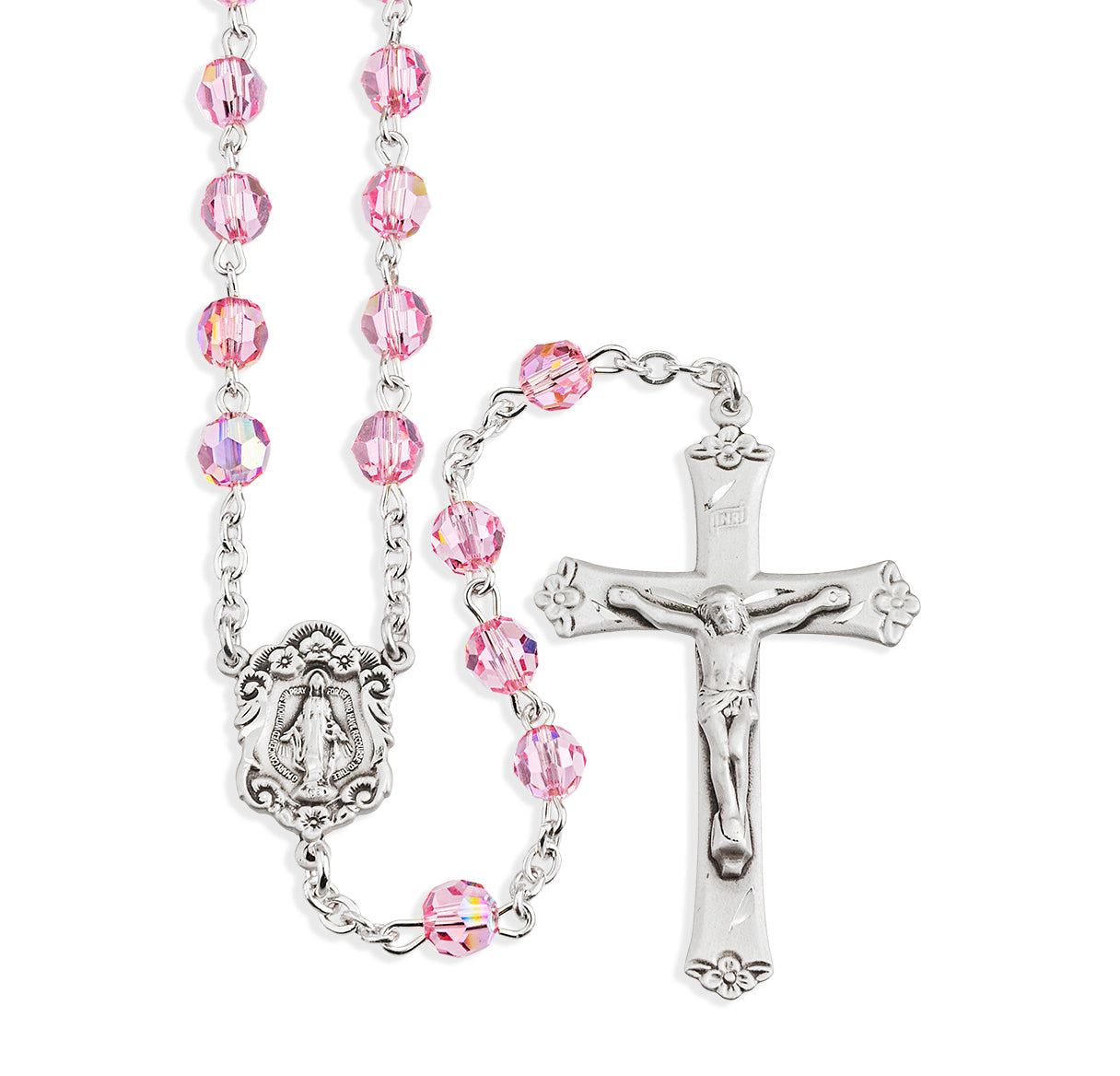 Sterling Silver Rosary Hand Made with Swarovski Crystal 6mm Light Rose Faceted Round Beads by HMH
