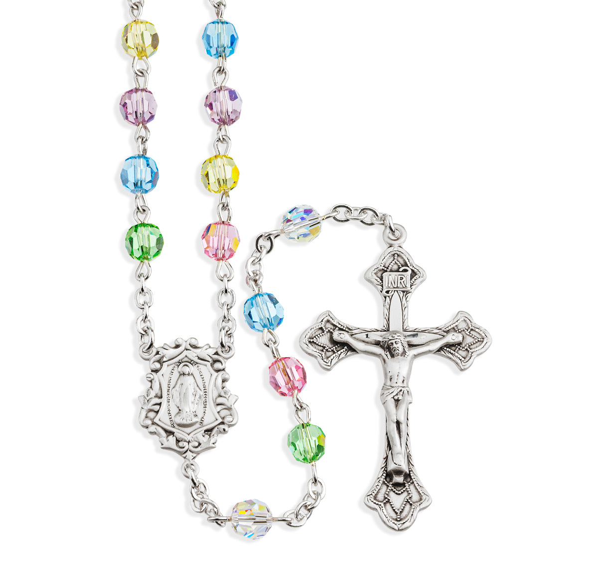 Rosary Sterling Crucifix and Centerpiece Created with Swarovski Crystal 6mm Faceted Round Multi-Color Beads by HMH