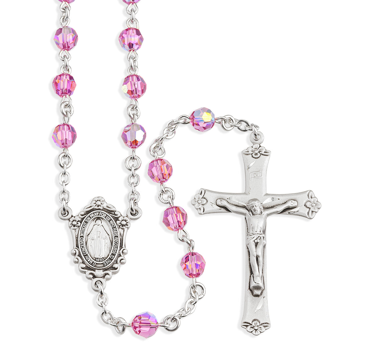 Sterling Silver Rosary Hand Made with Swarovski Crystal 6mm Pink Faceted Round Beads by HMH