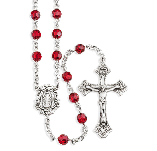 Sterling Silver Rosary Hand Made with Swarovski Crystal 6mm Ruby Faceted Round Beads by HMH