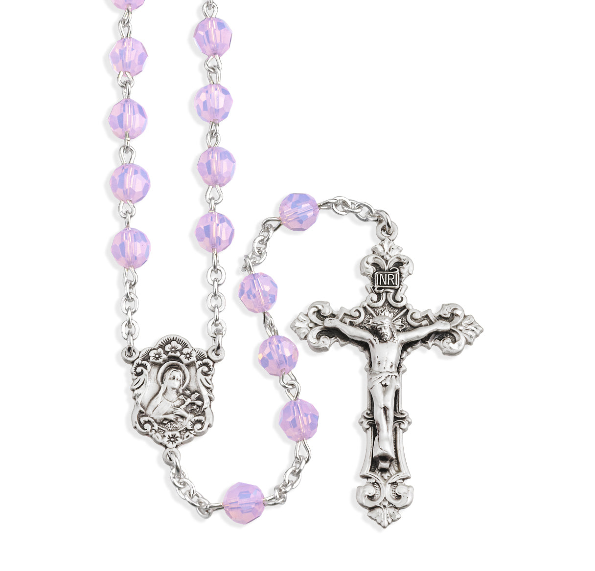 Sterling Silver Rosary Hand Made with Swarovski Crystal 6mm Rose Opal Faceted Round Beads by HMH