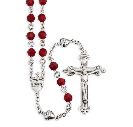Sterling Silver Rosary Hand Made with Swarovski Crystal 6mm Red Coral Faceted Round Beads by HMH