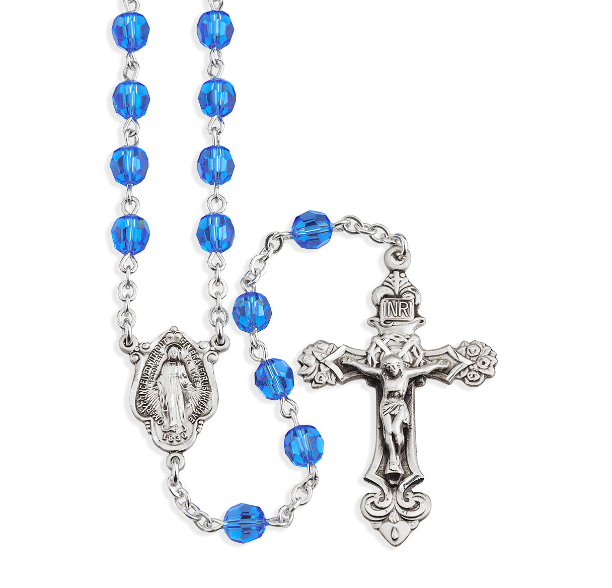 Sterling Silver Rosary Hand Made with Swarovski Crystal 6mm Sapphire Faceted Round Beads by HMH