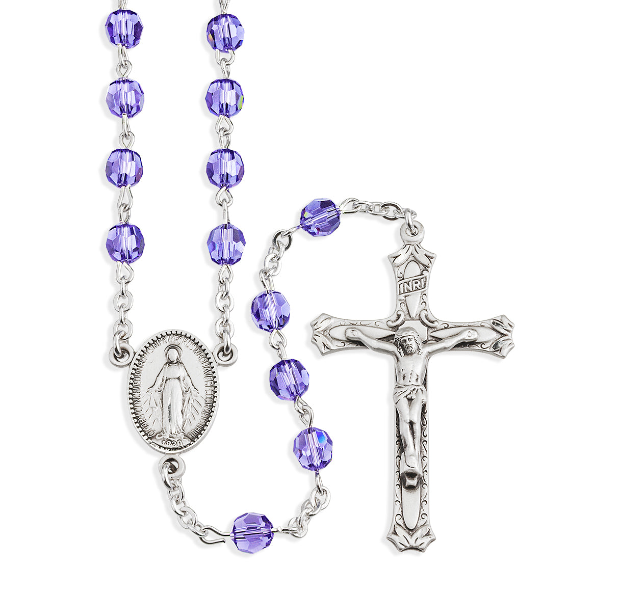 Sterling Silver Rosary Hand Made with Swarovski Crystal 6mm Tanzanite Faceted Round Beads by HMH