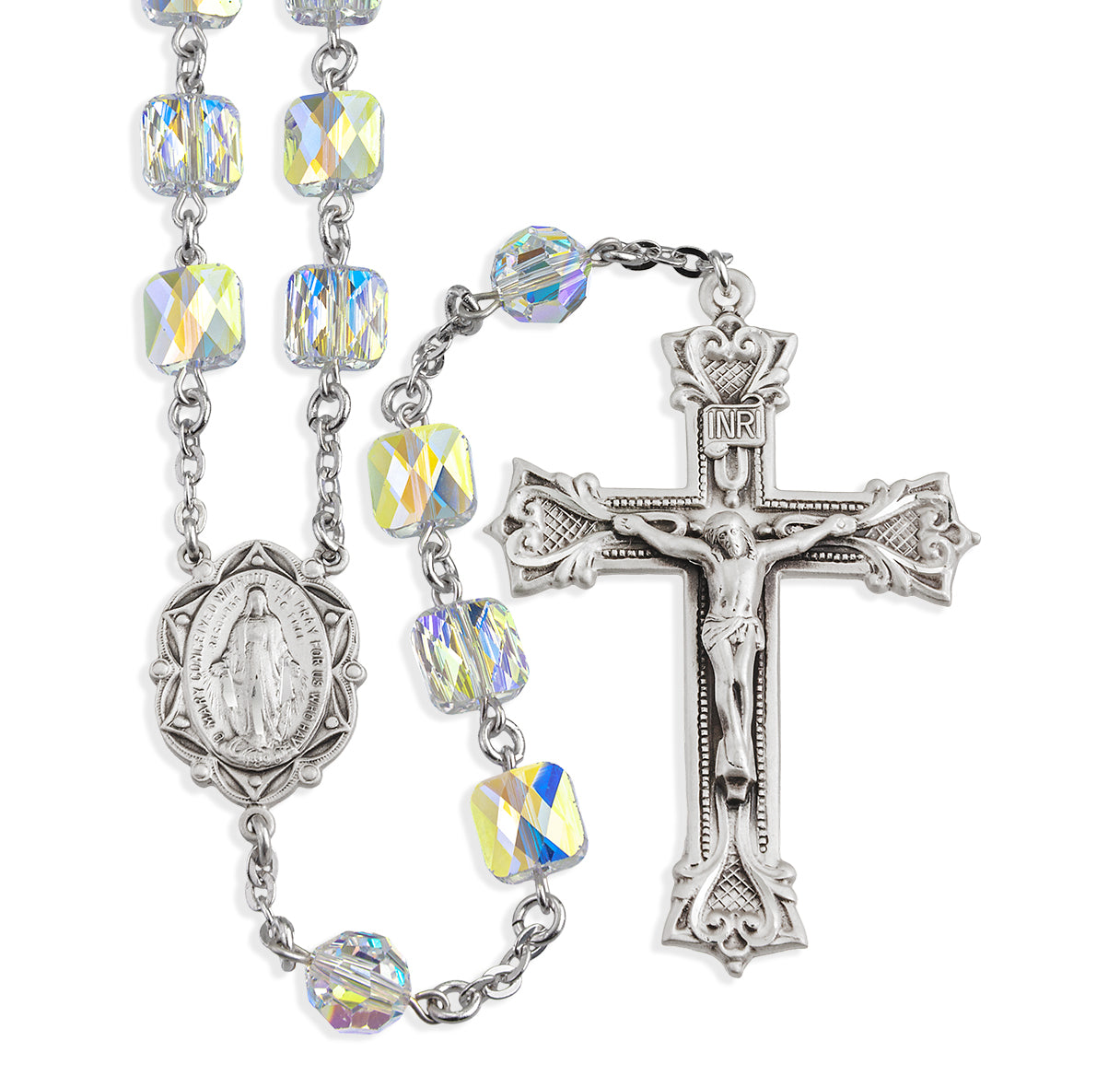 Sterling Silver Rosary Hand Made with Swarovski Crystal 8mm Aurora Borealis Square Beads by HMH