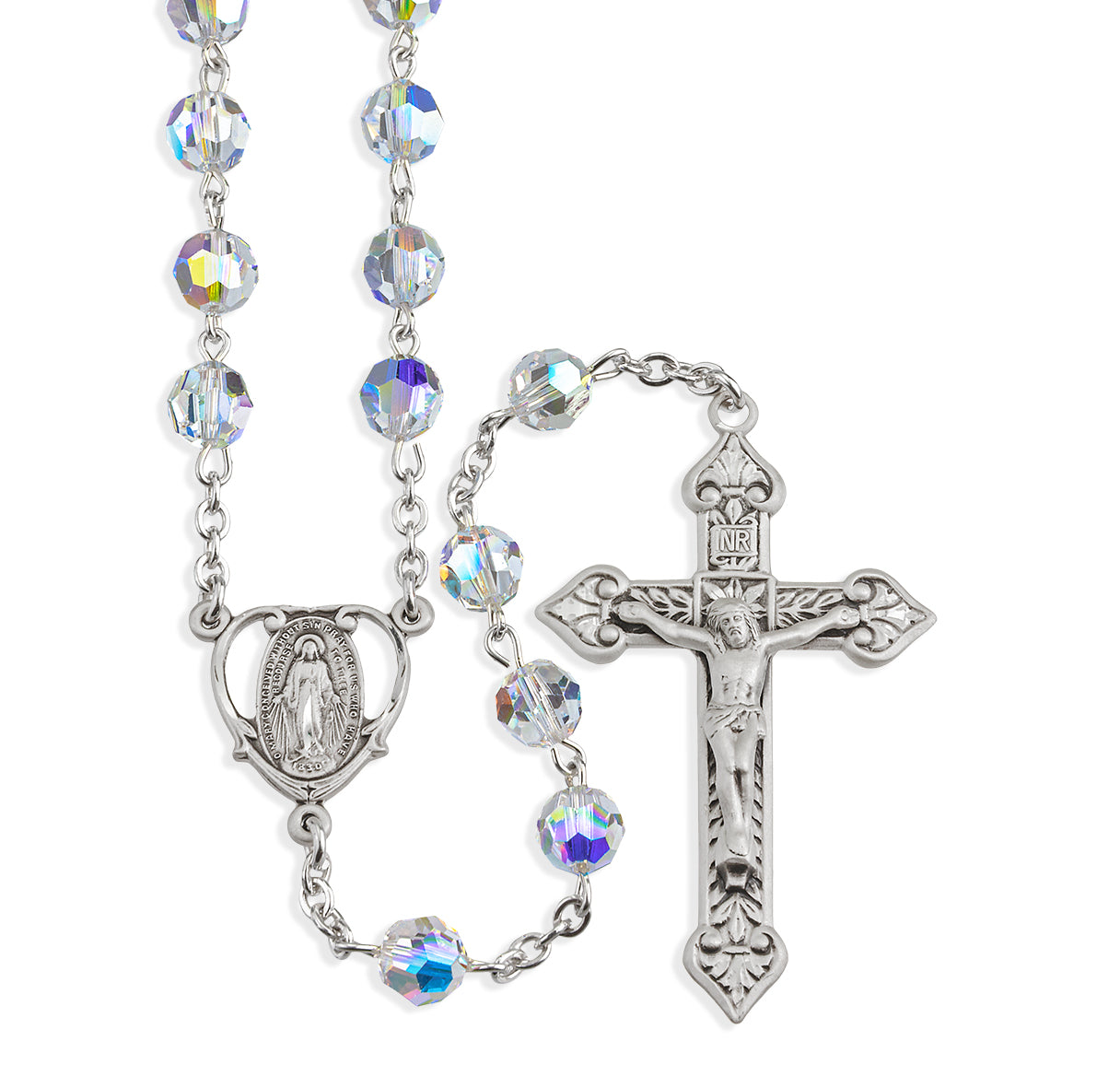 Sterling Silver Rosary Hand Made with Swarovski Crystal 7mm Aurora Borealis Faceted Beads by HMH
