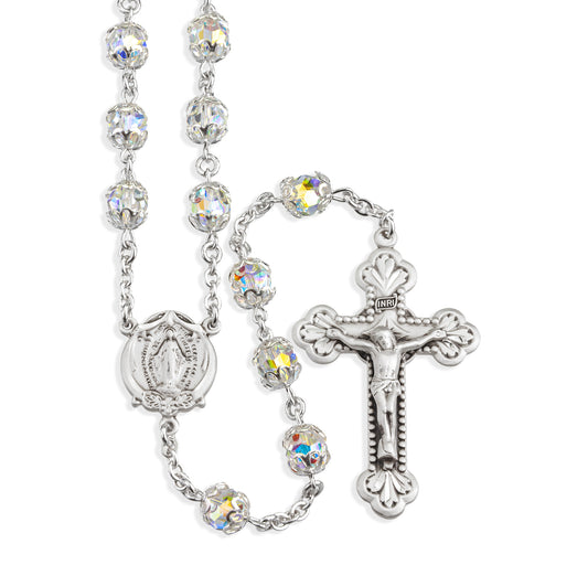 Sterling Silver Rosary Hand Made with Swarovski Crystal 7mm Aurora Borealis Beads by HMH