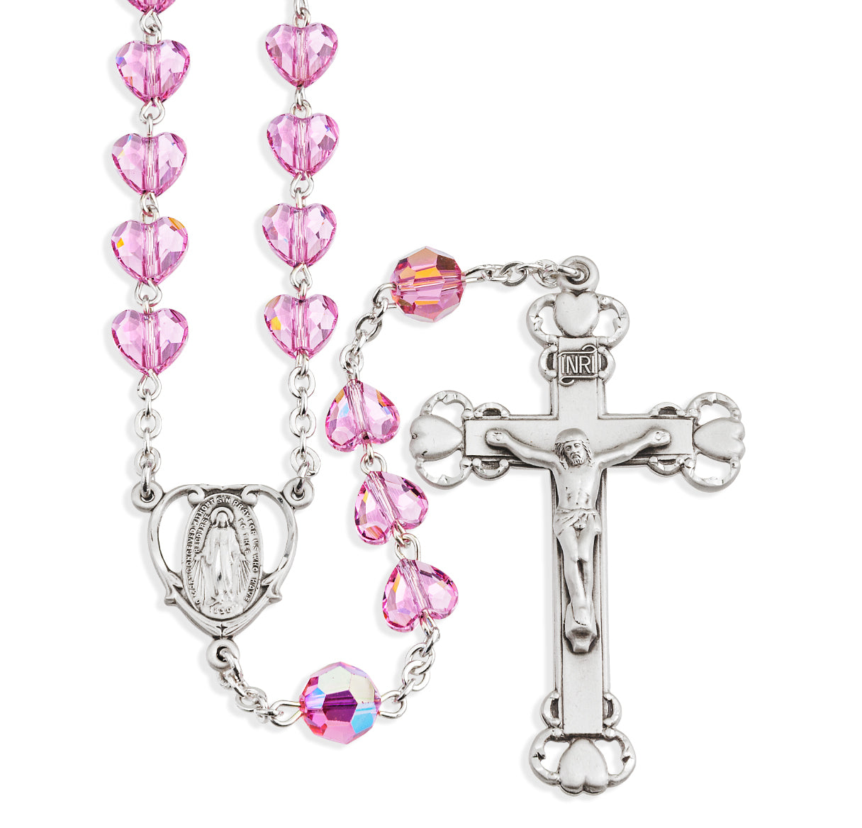 Sterling Silver Rosary Hand Made with Swarovski Crystal 8mm Pink Heart Shape Beads by HMH