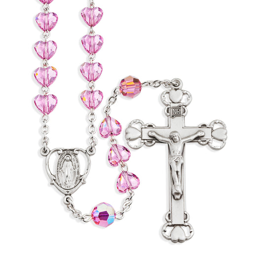 Sterling Silver Rosary Hand Made with Swarovski Crystal 8mm Pink Heart Shape Beads by HMH