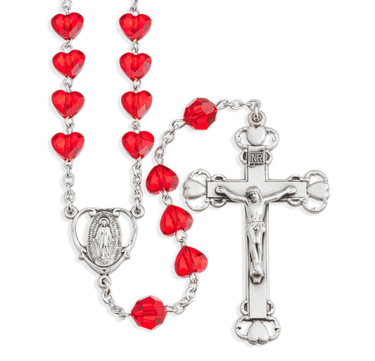 Sterling Silver Rosary Hand Made with Swarovski Crystal 8mm Red Heart Shape Beads