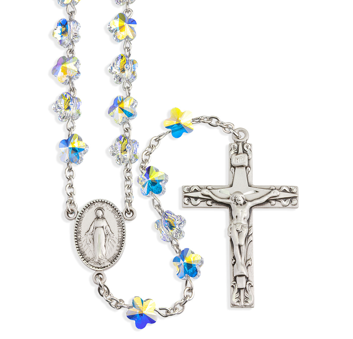 Sterling Silver Rosary Hand Made with Swarovski Crystal 8mm Aurora Borealis Flower Shape Beads by HMH