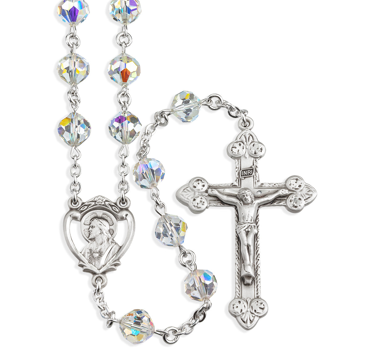 Sterling Silver Rosary Hand Made with Swarovski Crystal 8mm Aurora Borealis Sphere Shape Beads by HMH