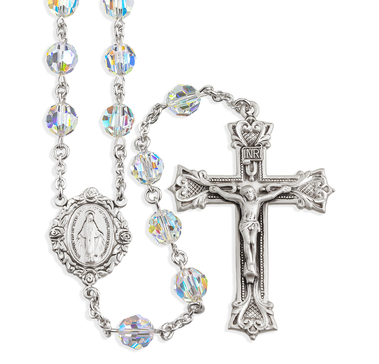 Sterling Silver Rosary Hand Made with Swarovski Crystal 8mm Aurora Borealis Beads by HMH