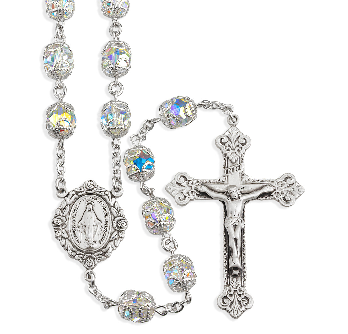 Sterling Silver Rosary Hand Made with Swarovski Crystal 8mm Aurora Borealis Double Capped Beads by HMH