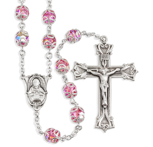 Sterling Silver Rosary Hand Made with Swarovski Crystal 8mm Pink Double Capped Beads by HMH