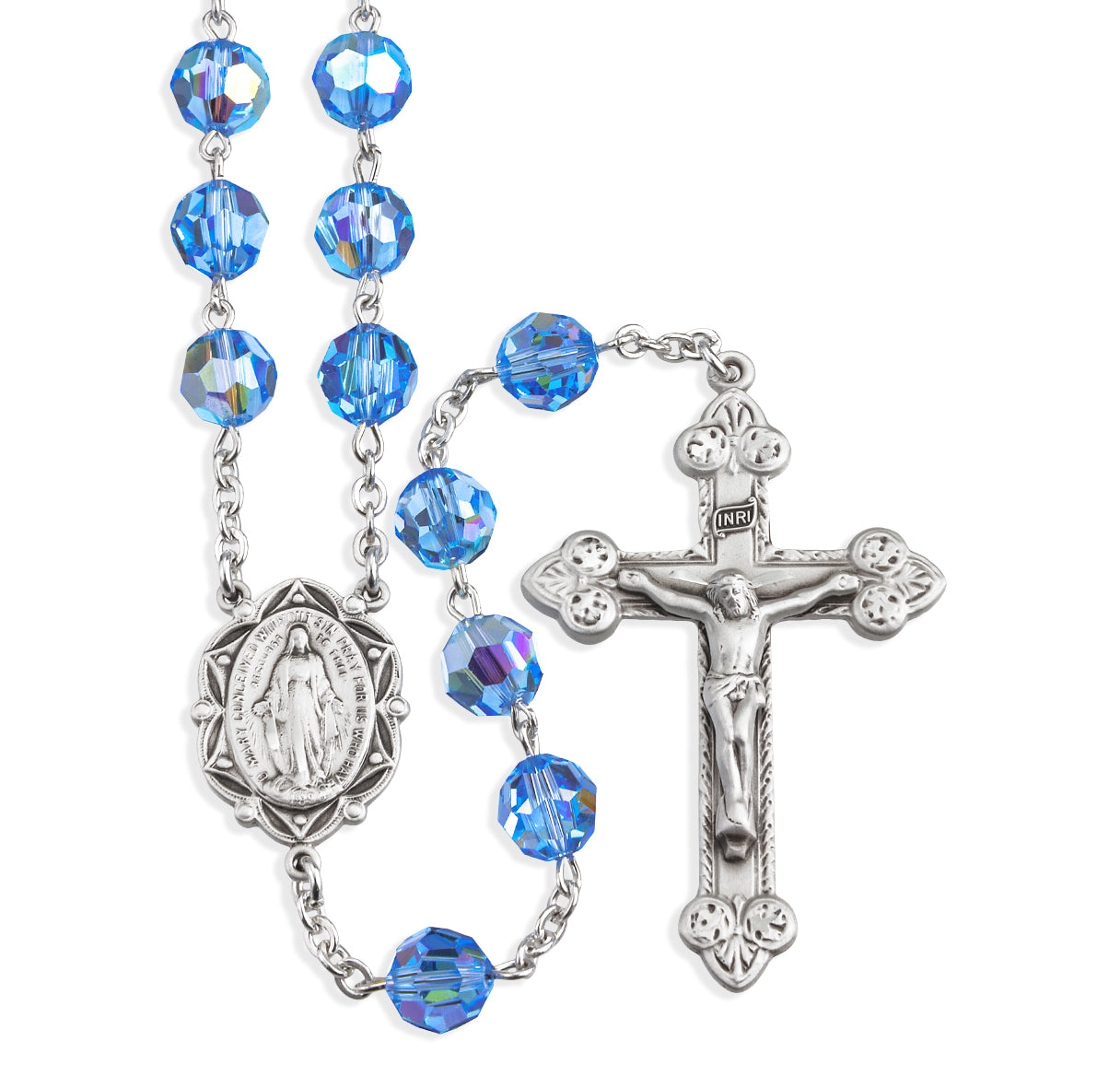 Sterling Silver Rosary Hand Made with Swarovski Crystal 8mm Light Sapphire Beads by HMH