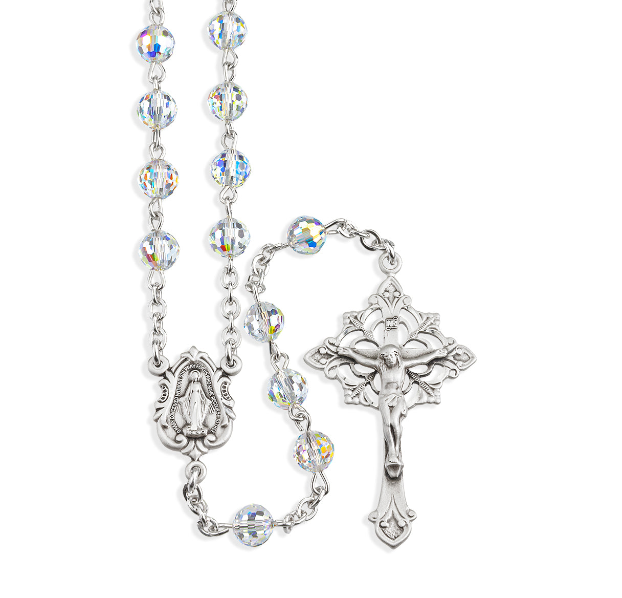 Sterling Silver Rosary Hand Made with Swarovski Crystal 8mm Round Multi-Faceted Beads by HMH