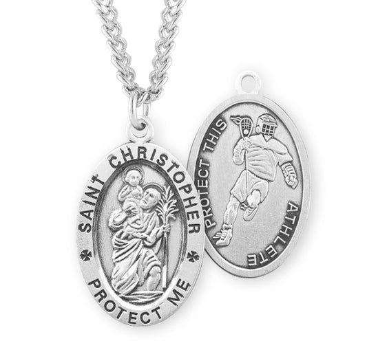 Saint Christopher Oval Sterling Silver Lacrosse Male Athlete Medal