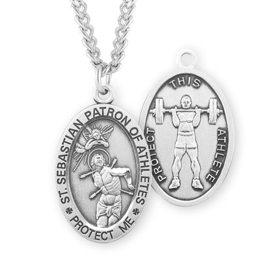 Saint Sebastian Oval Sterling Silver weightlifting Male Athlete Medal