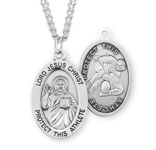 Lord Jesus Christ Oval Sterling Silver Wrestling Male Athlete Medal