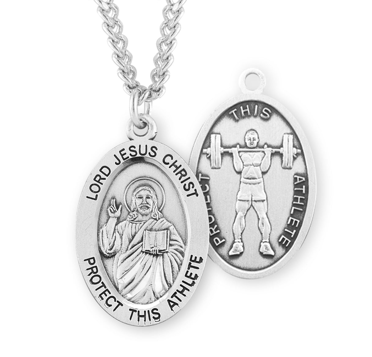 Lord Jesus Christ Oval Sterling Silver weightlifting Male Athlete Medal