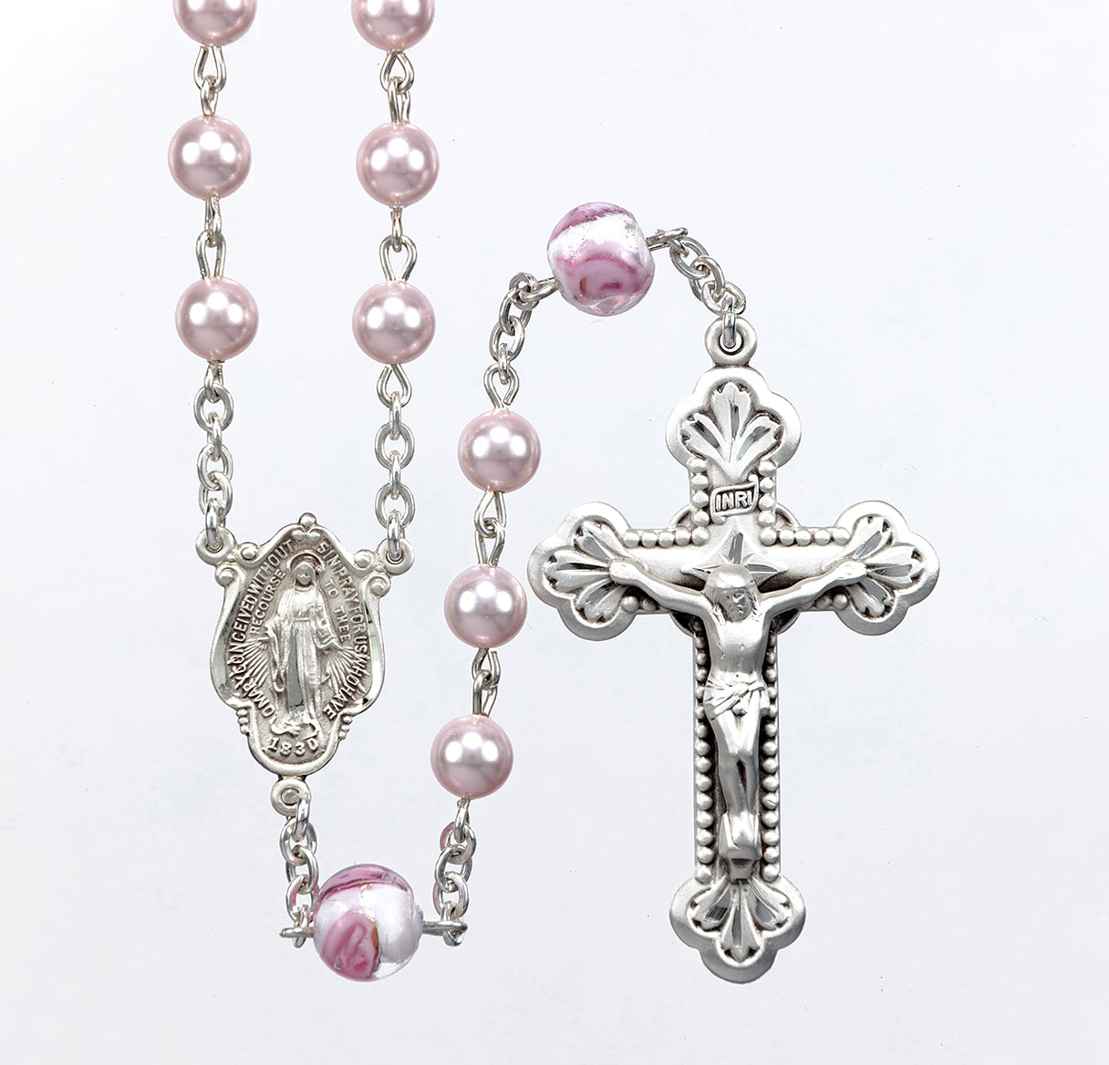 Sterling Silver Rosary Hand Made with Swarovski Crystal 6mm Pink Pearl Beads by HMH