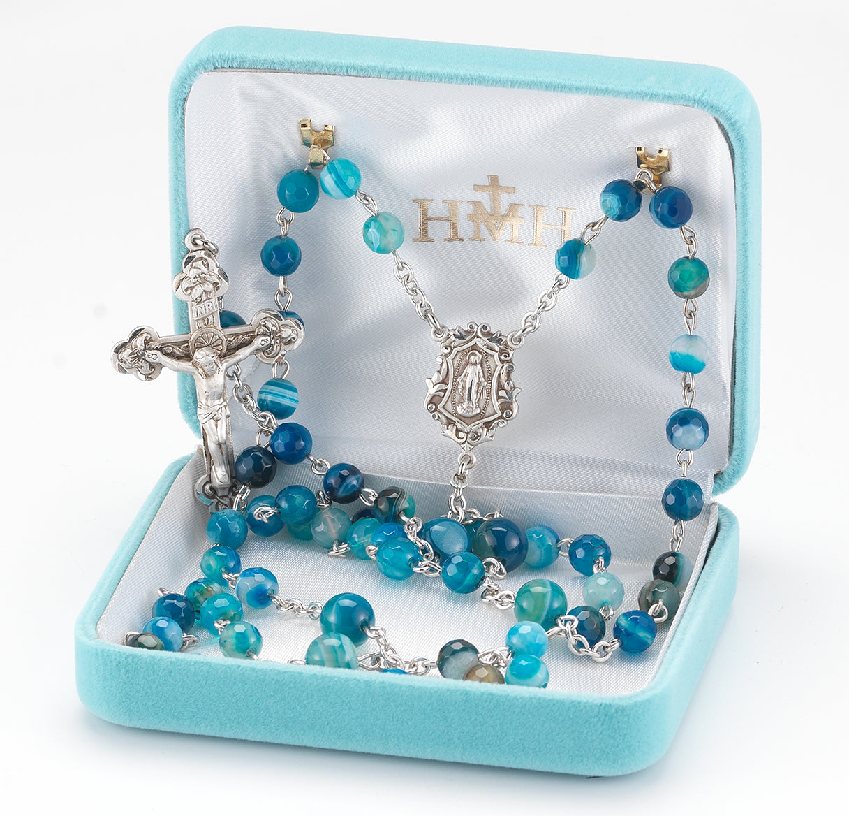 Round Blue Agate Bead Rosary