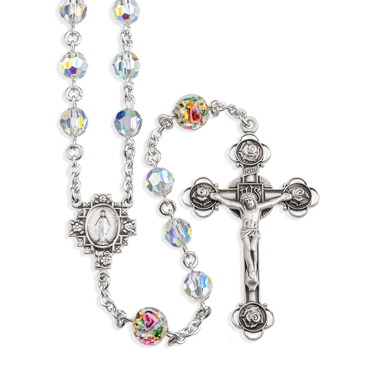 Sterling Silver Rosary Hand Made with Swarovski Crystal 7mm Round Aurora Borealis and 8mm Venetian Glass Beads by HMH