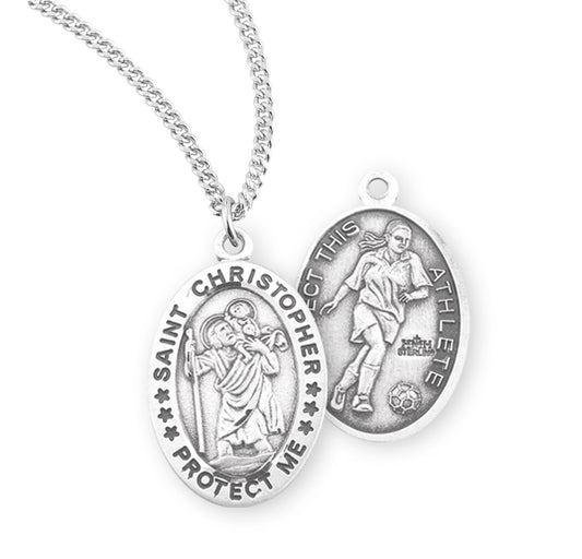 Saint Christopher Oval Sterling Silver Female Soccer Athlete Medal