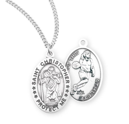 Saint Christopher Oval Sterling Silver Female Basketball Athlete Medal