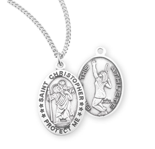 Saint Christopher Oval Sterling Silver Female Tennis Athlete Medal