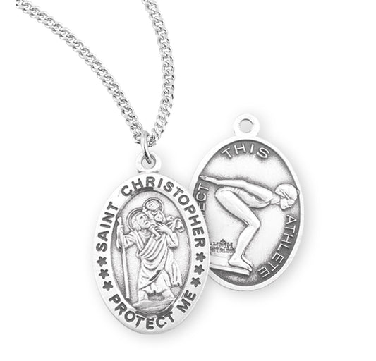 Saint Christopher Oval Sterling Silver Female Swimming Athlete Medal