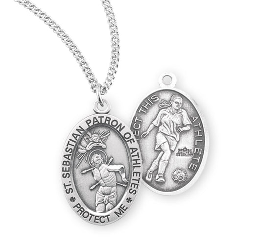 Saint Sebastian Oval Sterling Silver Female Soccer Athlete Medal