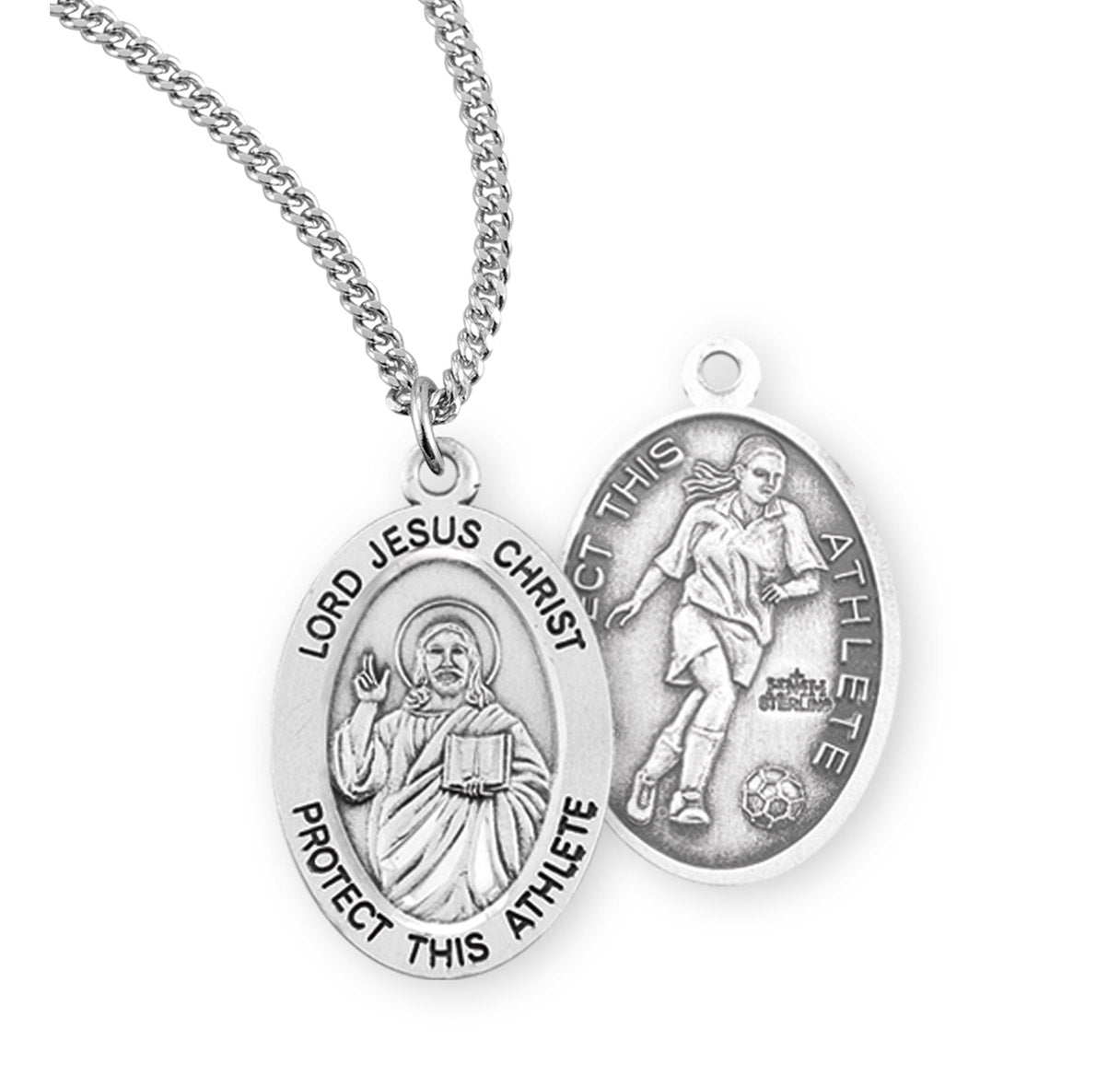 Lord Jesus Christ Oval Sterling Silver Female Soccer Athlete Medal