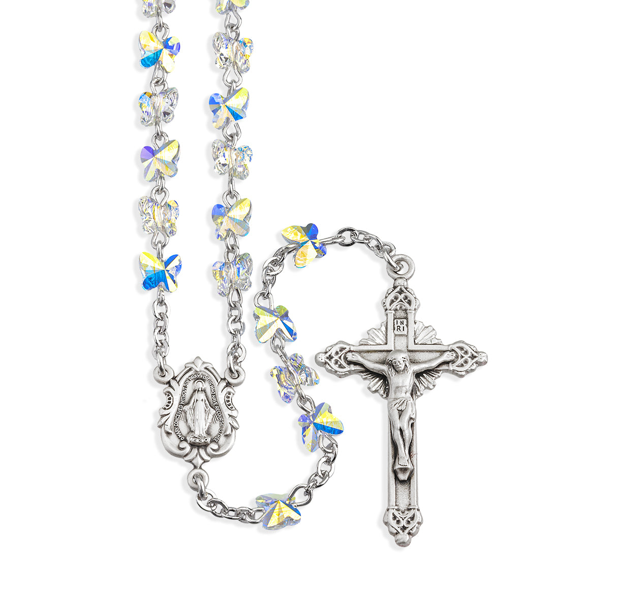 Sterling Silver Rosary Hand Made with 6mm Swarovski Crystal 6mm Aurora Borealis Butterfly Beads by HMH