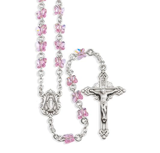 Sterling Silver Rosary Hand Made with 6mm finest Austrian Crystal 6mm Light Rose Butterfly Beads by HMH