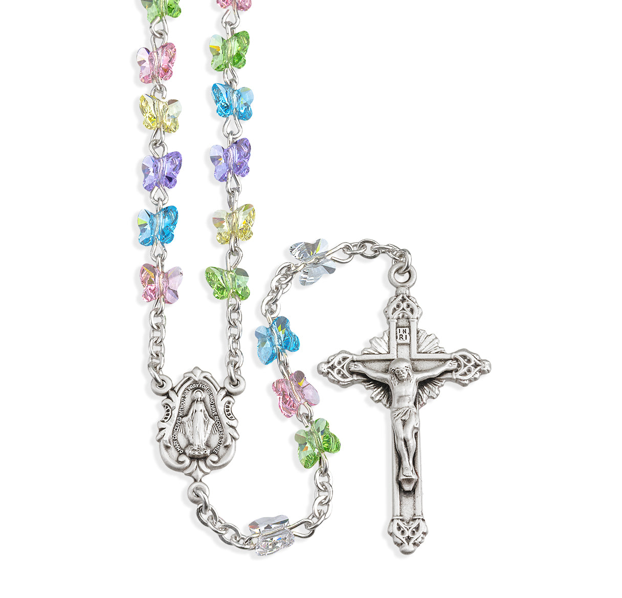 Sterling Silver Rosary Hand Made with 6mm Swarovski Crystal 6mm Multi-Color Butterfly Beads by HMH