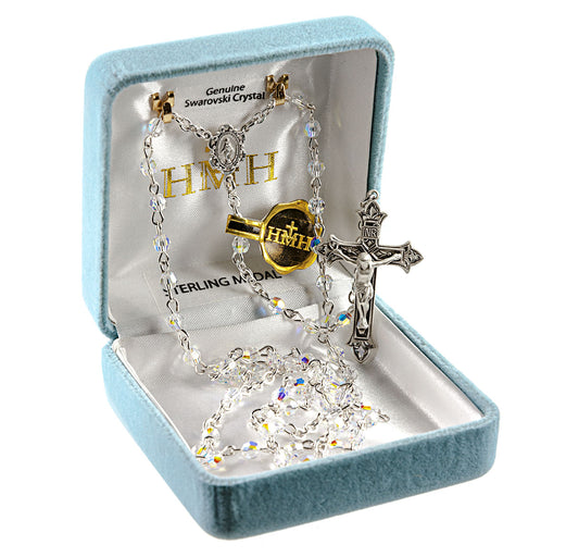 Sterling Silver Rosary Hand Made with finest Austrian Crystal 4mm Aurora Borealis Faceted Beads by HMH