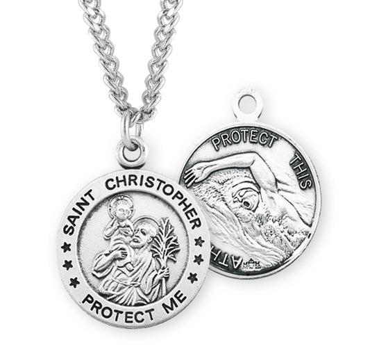 Saint Christopher Round Sterling Silver Swimming Male Athlete Medal