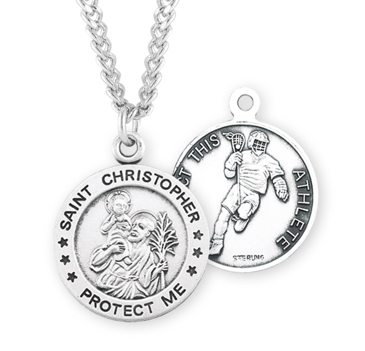 Saint Christopher Round Sterling Silver Lacrosse Male Athlete Medal