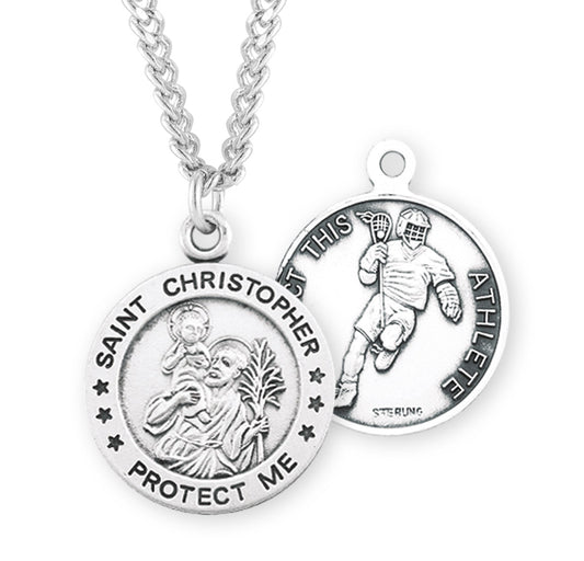 Saint Christopher Round Sterling Silver Lacrosse Male Athlete Medal